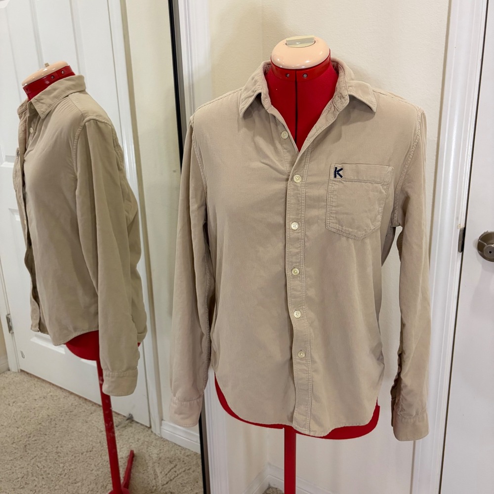 Kenzo Paris Mens Corduroy Button Down Shirt Tan Beige Embroidered K Logo Small